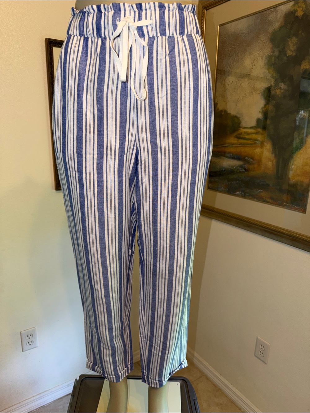 NWOT LOFT Blue & White Striped Linen Drawstring Pants w/Pockets - Picture 2 of 15